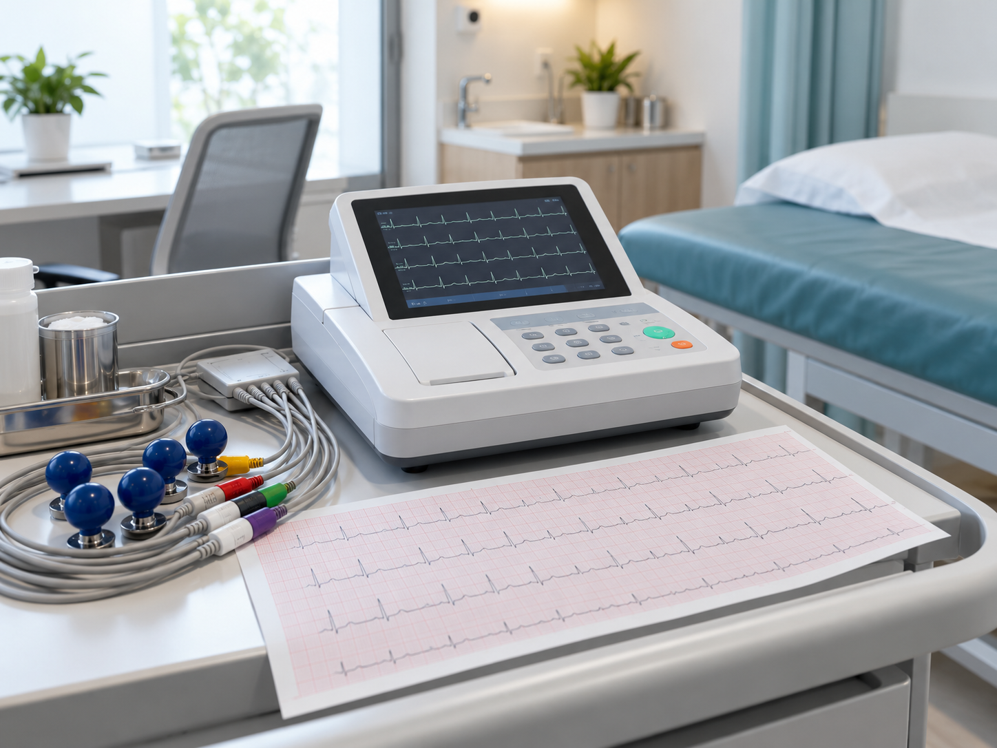 Mesin ECG, elektrod dan cetakan elektrokardiogram untuk pemeriksaan jantung
