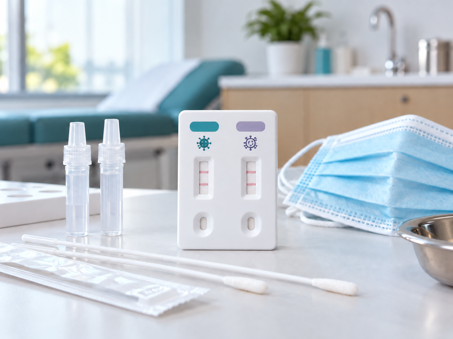 Satu kaset gabungan untuk ujian pantas Influenza dan COVID-19 bersama swab dan tiub pengekstrakan