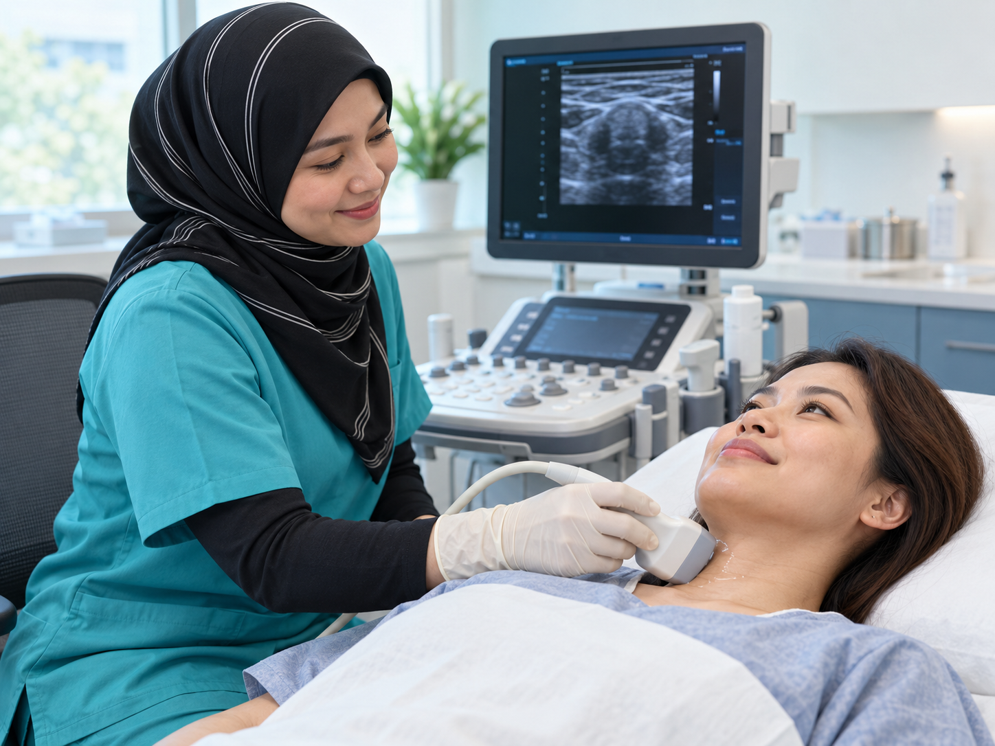 Petugas kesihatan menjalankan imbasan ultrabunyi tiroid pada leher pesakit