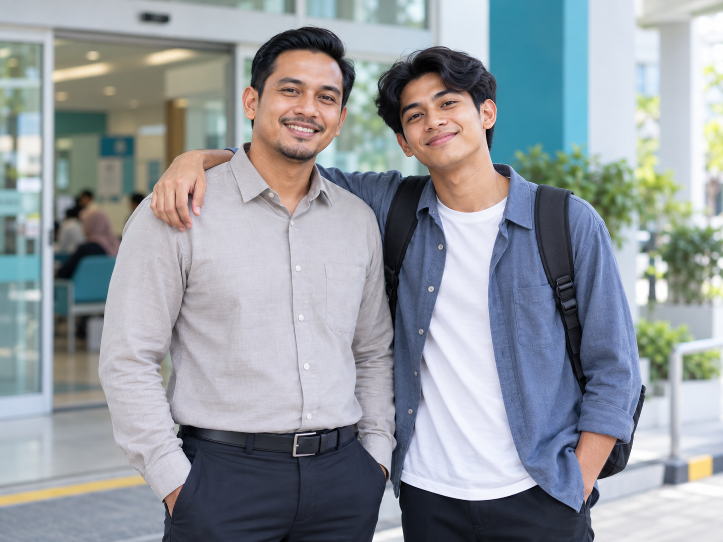 Seorang pekerja dewasa Melayu bersama rakan pelajar universiti di hadapan pusat kesihatan