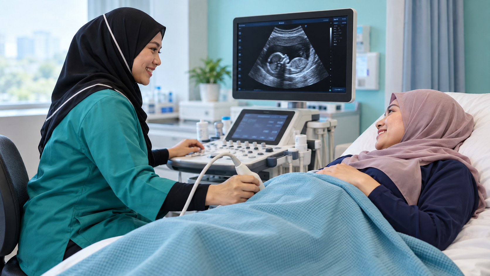 Pemeriksaan ultrasound antenatal dengan pesakit dan clinician di klinik